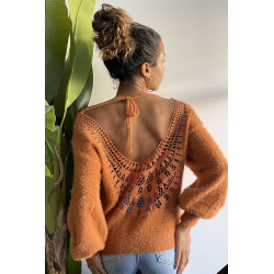 Pull dos nu couleur cognac tout doux à manches bouffantes - 5