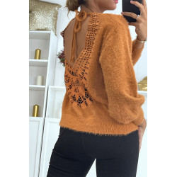 Pull dos nu couleur cognac tout doux à manches bouffantes - 7