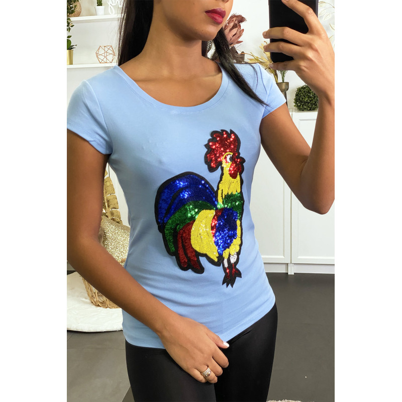 T-shirt bleu avec motif coq en strass - 1