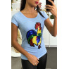 T-shirt bleu avec motif coq en strass - 1