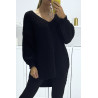 Pull noir asymétrique en tricot à col v et manches bouffantes, ultra doux - 1