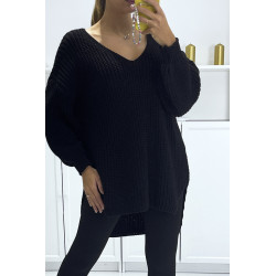 Pull noir asymétrique en tricot à col v et manches bouffantes, ultra doux - 2