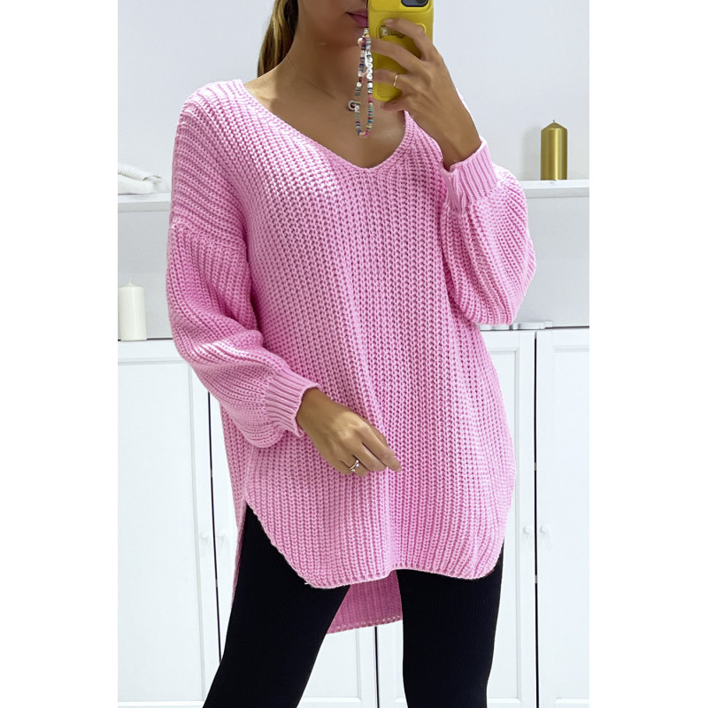 Pull rose bonbon asymétrique en tricot à col v et manches bouffantes, ultra doux - 1