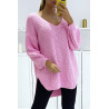 Pull rose bonbon asymétrique en tricot à col v et manches bouffantes, ultra doux - 1