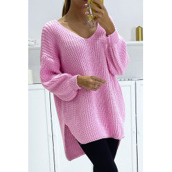 Pull rose bonbon asymétrique en tricot à col v et manches bouffantes, ultra doux - 2