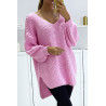 Pull rose bonbon asymétrique en tricot à col v et manches bouffantes, ultra doux - 2