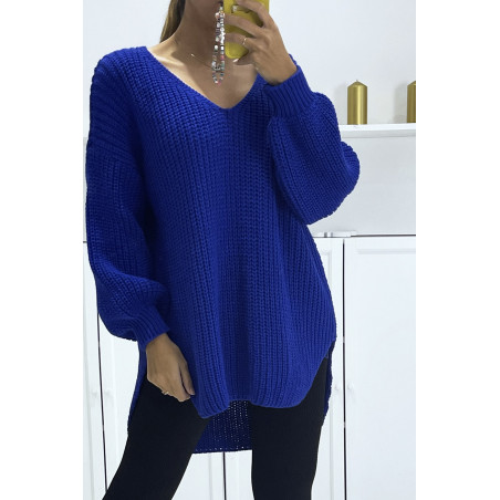 Pull royal asymétrique en tricot à col v et manches bouffantes, ultra doux - 1