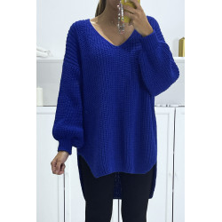 Pull royal asymétrique en tricot à col v et manches bouffantes, ultra doux - 2