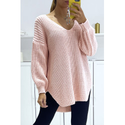 Pull rose asymétrique en tricot à col v et manches bouffantes, ultra doux - 2