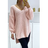 Pull rose asymétrique en tricot à col v et manches bouffantes, ultra doux - 4