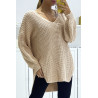 Pull beige asymétrique en tricot à col v et manches bouffantes, ultra doux - 1