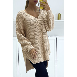 Pull beige asymétrique en tricot à col v et manches bouffantes, ultra doux - 2