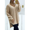 Pull beige asymétrique en tricot à col v et manches bouffantes, ultra doux - 2