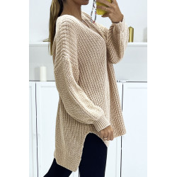 Pull beige asymétrique en tricot à col v et manches bouffantes, ultra doux - 3