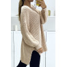 Pull beige asymétrique en tricot à col v et manches bouffantes, ultra doux - 3