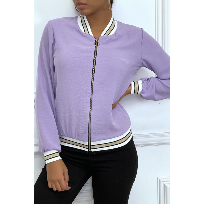 Veste fluide lilas légère à zip et bordure dorée - 1