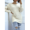 Pull dos-nu beige à nouer en grosse maille et à manches bouffantes - 1