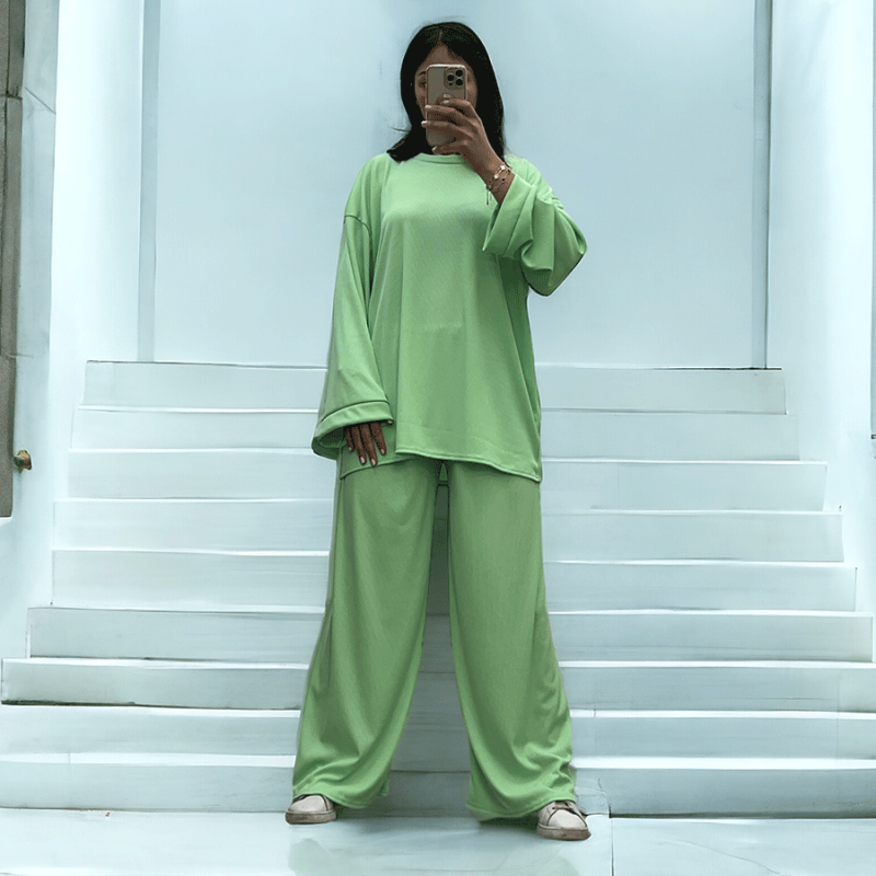 Ensemble tunique et pantalon léger vert d'eau en maille côtelé extensible printemps été   - 1