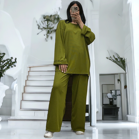 Ensemble tunique et pantalon léger vert pistache en maille côtelé extensible printemps été   - 1