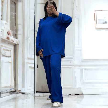 Ensemble tunique et pantalon léger royal en maille côtelé extensible printemps été   - 1