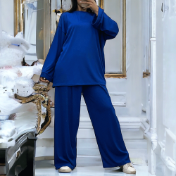 Ensemble tunique et pantalon léger royal en maille côtelé extensible printemps été   - 3