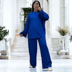 Ensemble tunique et pantalon léger royal en maille côtelé extensible printemps été   - 4