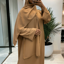 Robe abaya couleur camel avec foulard  intégré  - 1