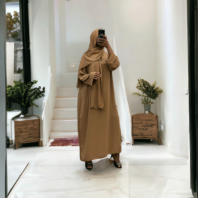 Robe abaya couleur camel avec foulard  intégré  - 3