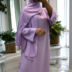 Robe abaya couleur lilas avec foulard  intégré  - 1