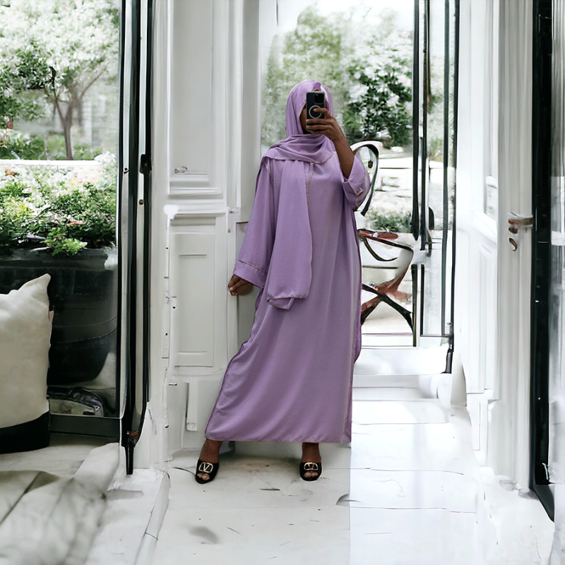 Robe abaya couleur lilas avec foulard  intégré  - 3