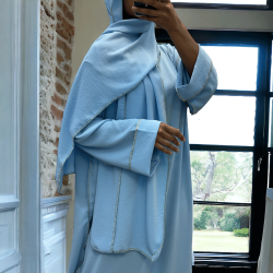 Robe abaya couleur bleu ciel avec foulard  intégré  - 1