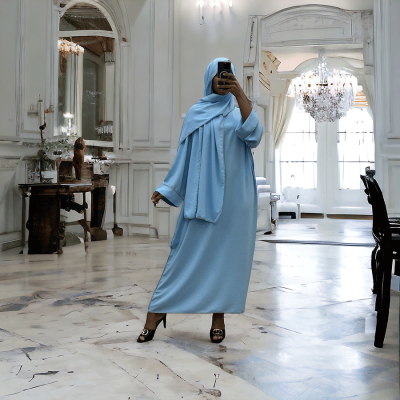 Robe abaya couleur bleu ciel avec foulard  intégré  - 3