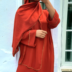 Robe abaya couleur cognac avec foulard  intégré  - 1