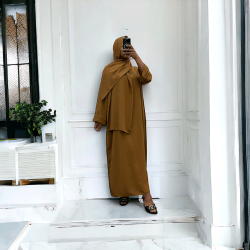 Robe abaya couleur camel foncé avec foulard  intégré  - 5