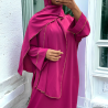 Robe abaya couleur fuchsia en soie de medine avec foulard  intégré  - 1