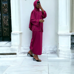 Robe abaya couleur fuchsia en soie de medine avec foulard  intégré  - 2