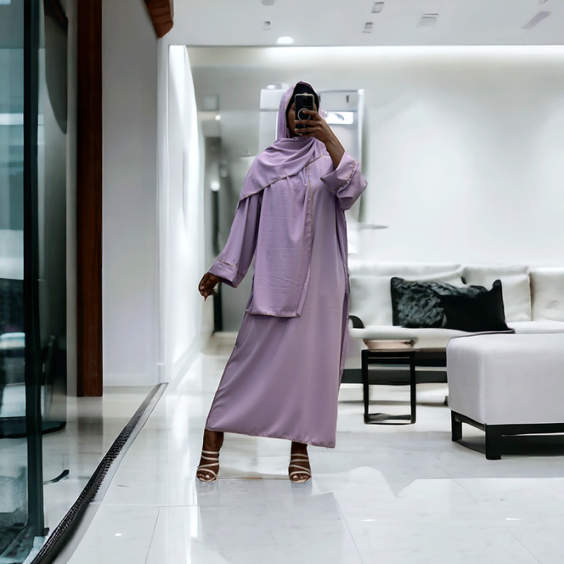 Robe abaya couleur lilas en soie de medine avec foulard  intégré  - 4