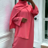 Robe abaya couleur rose bonbon en soie de medine avec foulard  intégré  - 1