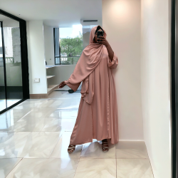 Robe abaya couleur rose deux pièces avec foulard  - 3