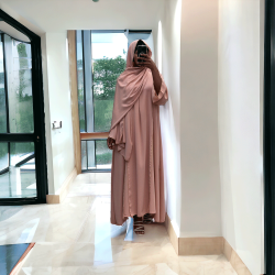 Robe abaya couleur rose deux pièces avec foulard  - 4