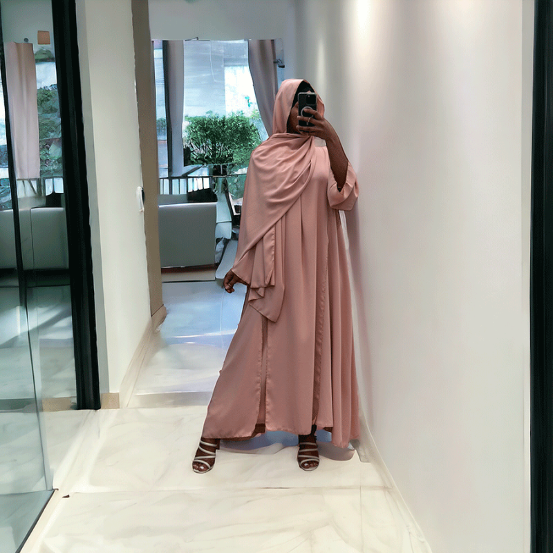 Robe abaya couleur rose deux pièces avec foulard  - 6