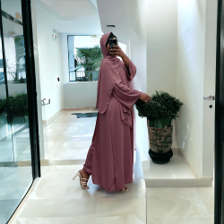 Robe abaya couleur rose foncé deux pièces avec foulard  - 2