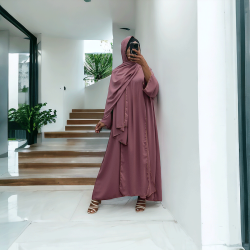 Robe abaya couleur rose foncé deux pièces avec foulard  - 4