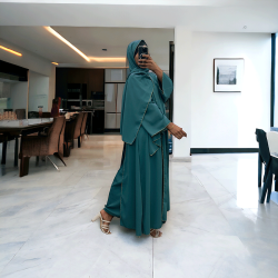 Robe abaya couleur vert canard deux pièces avec foulard  - 2