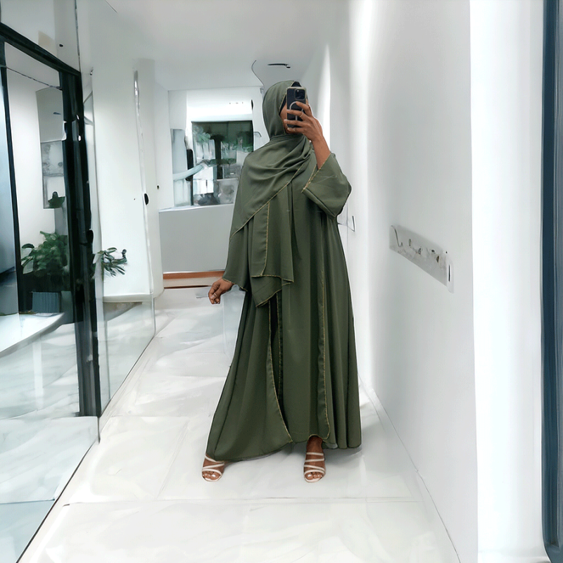 Robe abaya couleur kaki deux pièces avec foulard  - 4