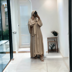 Robe abaya couleur beige deux pièces avec foulard  - 3