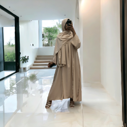 Robe abaya couleur beige deux pièces avec foulard  - 4