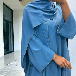 Robe abaya couleur indigo deux pièces avec foulard  - 1