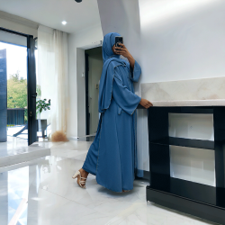 Robe abaya couleur indigo deux pièces avec foulard  - 2