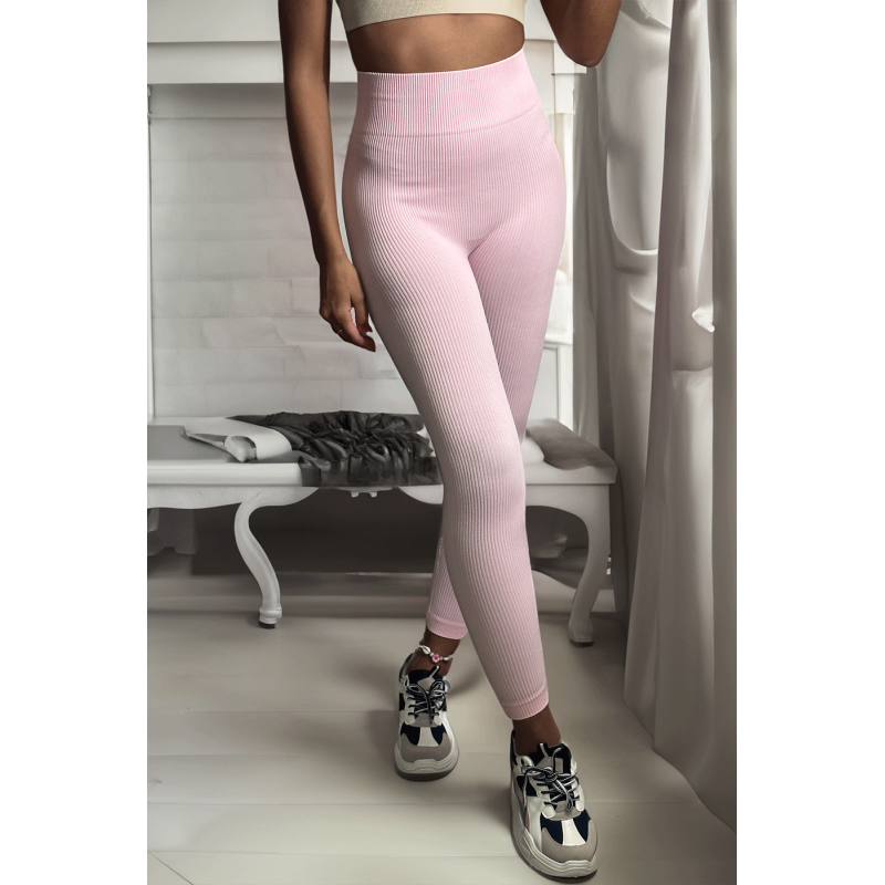 Legging rose en maille côtelé très extensible - 2